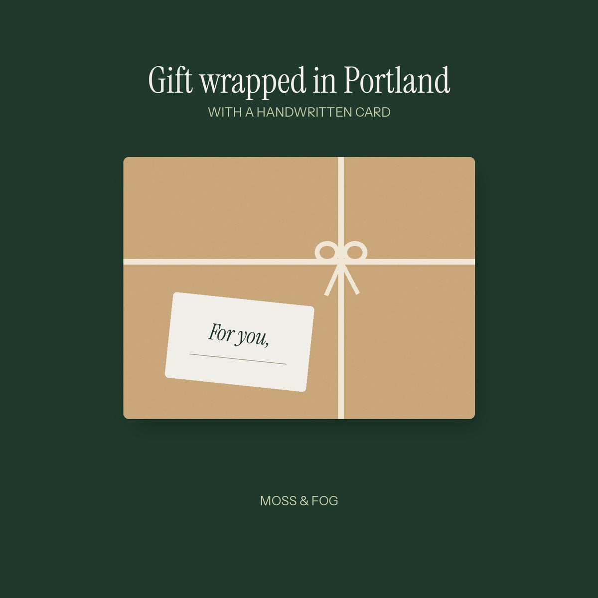 A kraft paper parcel tied with cream twine and a handwritten For you card, on a deep green ground
