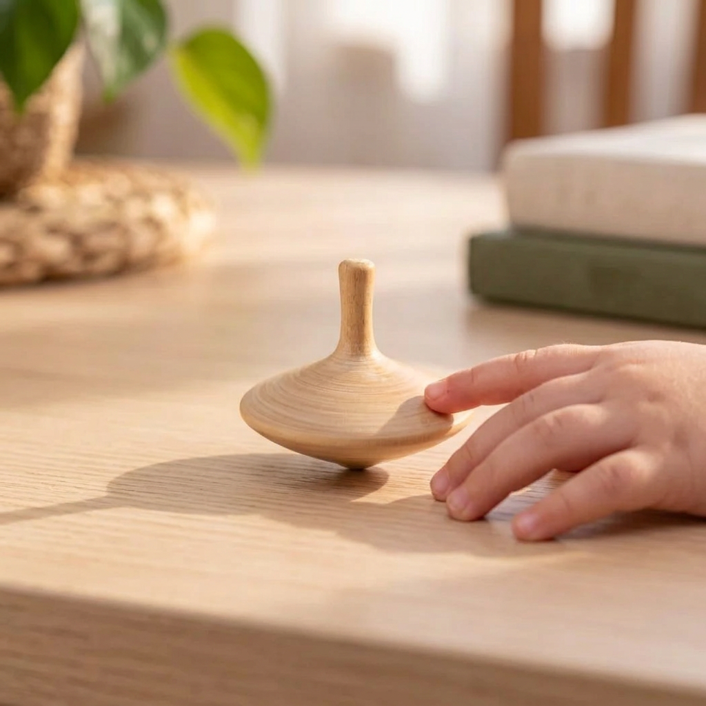 Hand carved oak spinning top on a pale oak desk with a small hand beside it for scale