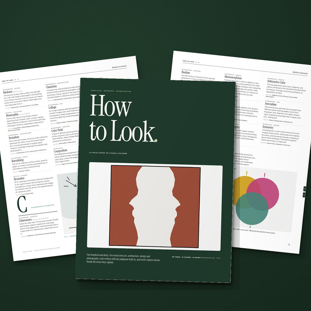 How to Look, a field guide to visual culture by Moss and Fog: the moss green cover with the Figure-Ground illustration, fanned over two interior pages set in three columns