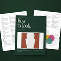 How to Look, a field guide to visual culture by Moss and Fog: the moss green cover with the Figure-Ground illustration, fanned over two interior pages set in three columns