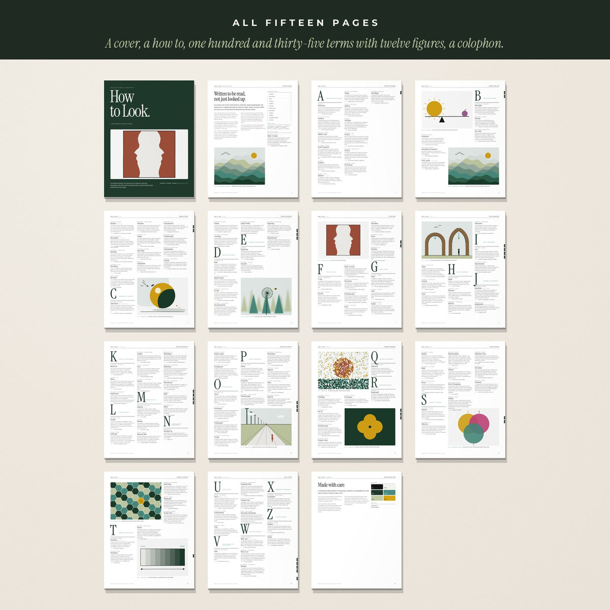All fifteen pages of How to Look laid out in a grid