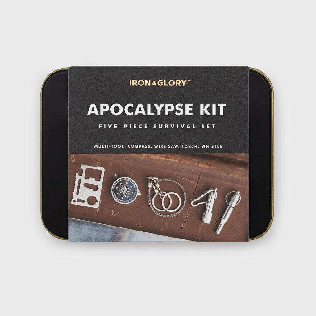 Iron and Glory Apocalypse Kit tin, a five piece survival set with multi-tool, compass, wire saw, torch and whistle
