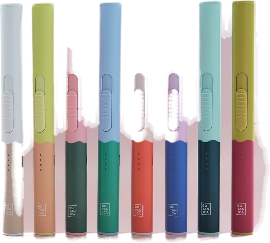 Botanica flameless rechargeable lighters in a row of two tone colors
