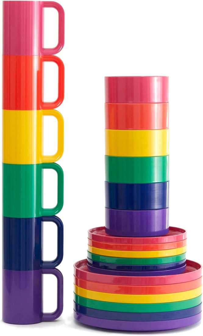 Heller Max Dinnerware mugs, bowls and plates stacked in rainbow colors