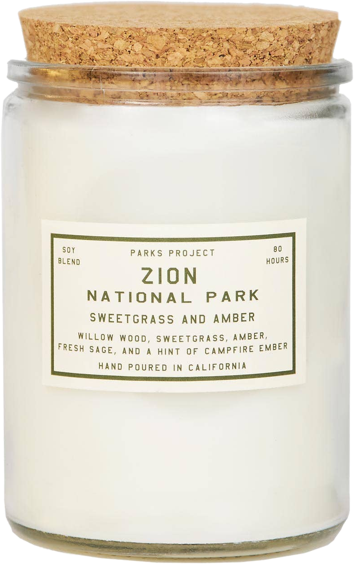 Parks Project Zion National Park candle in a glass jar with a cork lid