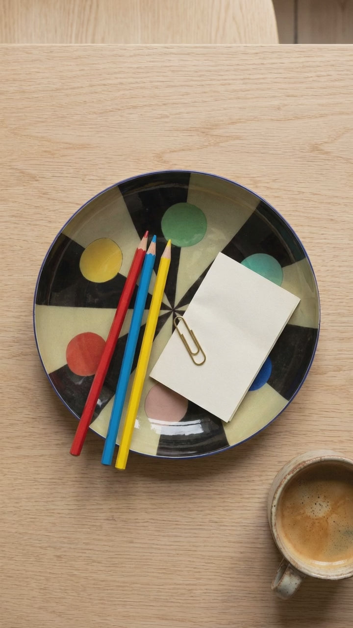 Colour Hexagon Enamel Tray on an oak desk with pencils and a note, short video