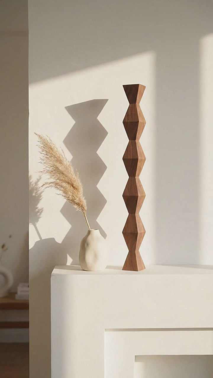 Endless Column wood sculpture on a white mantel in afternoon light, short video