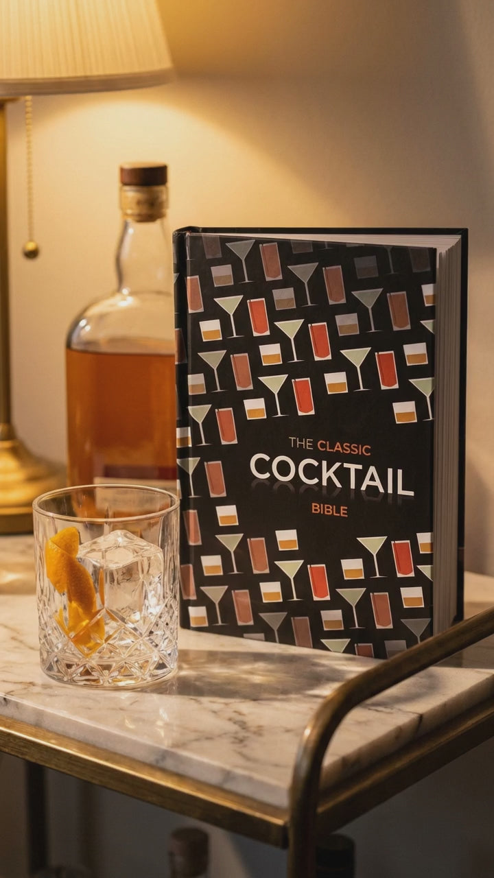 The Classic Cocktail Bible on a bar cart beside a glass with ice, short video