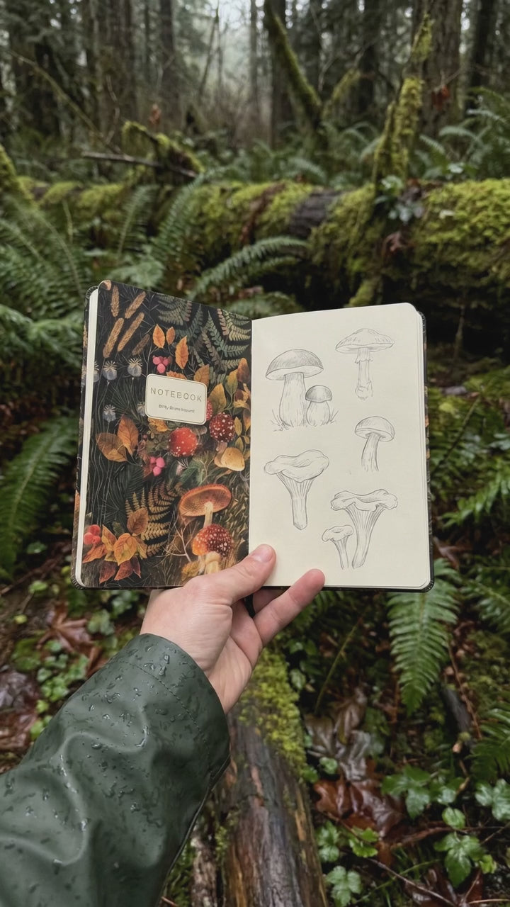 Forest Mushrooms Notebook held open in a Pacific Northwest forest, short video
