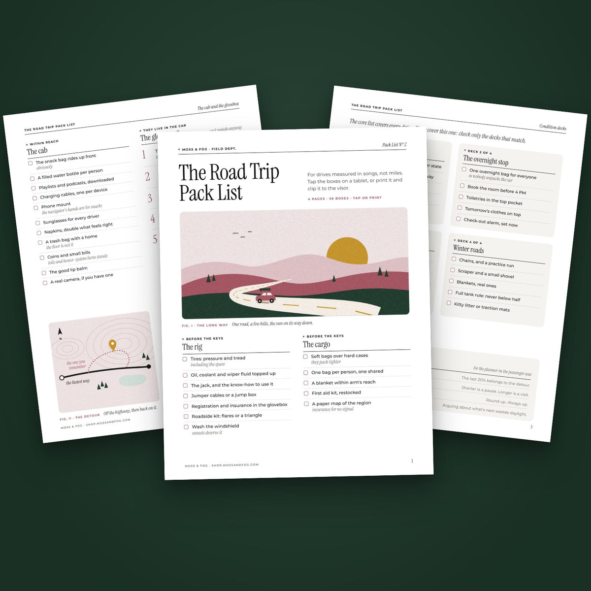 Three pages of The Road Trip Pack List fanned on moss green, the first page showing a small rose colored car on a winding road through pink hills at sunset