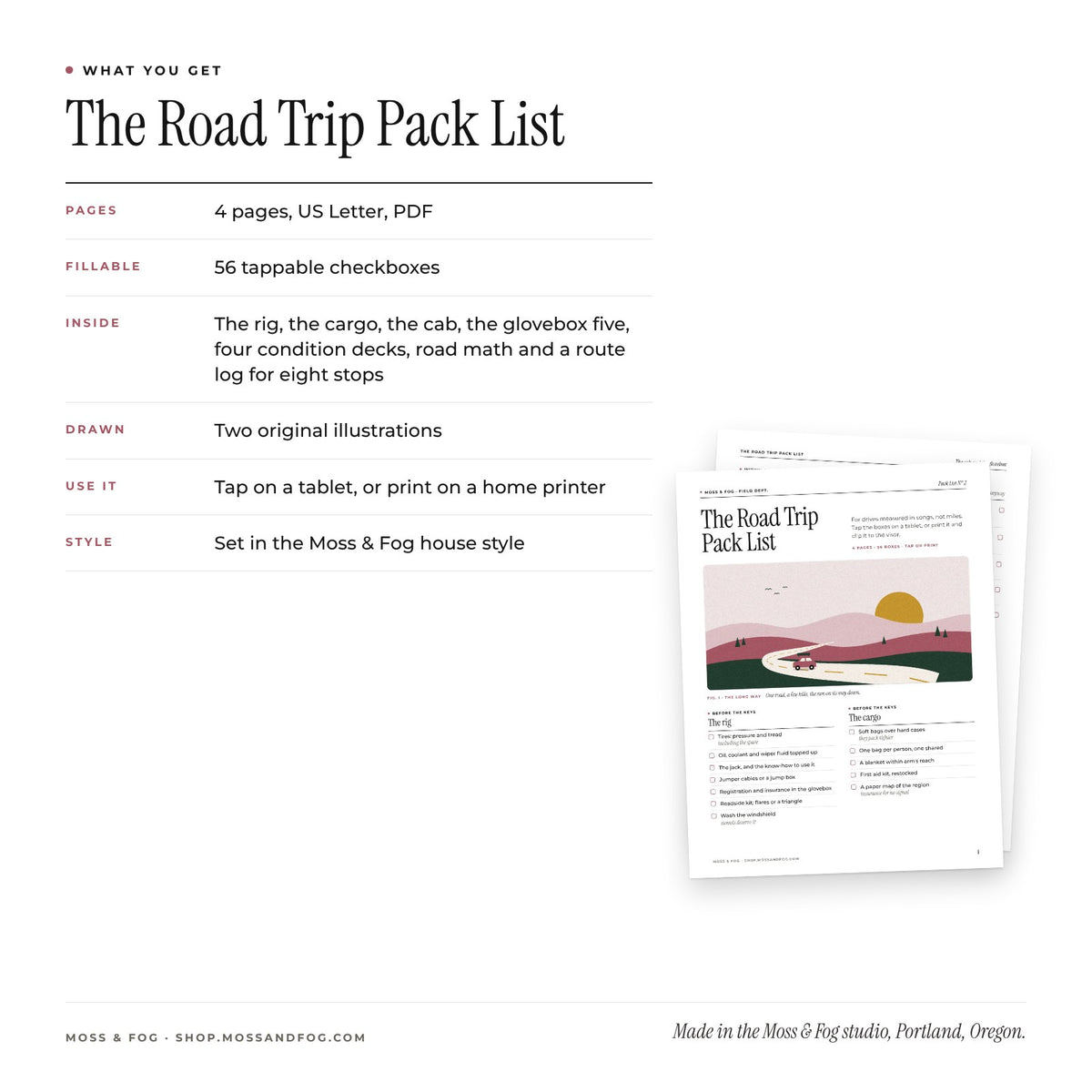 What you get card for the Road Trip Pack List: 4 pages, 56 tappable checkboxes and two original illustrations