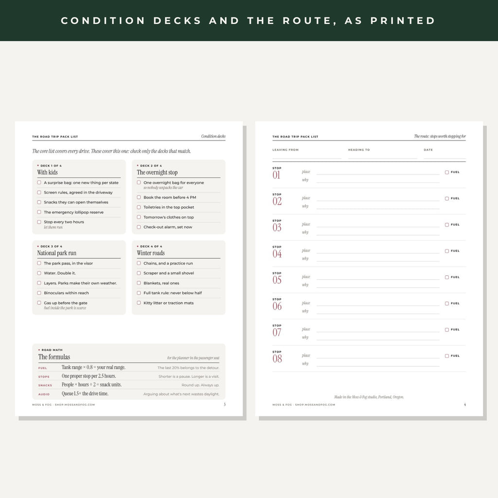 Two printed pages side by side, four condition deck checklists with road math on the left and an eight stop route log with fuel checkboxes on the right