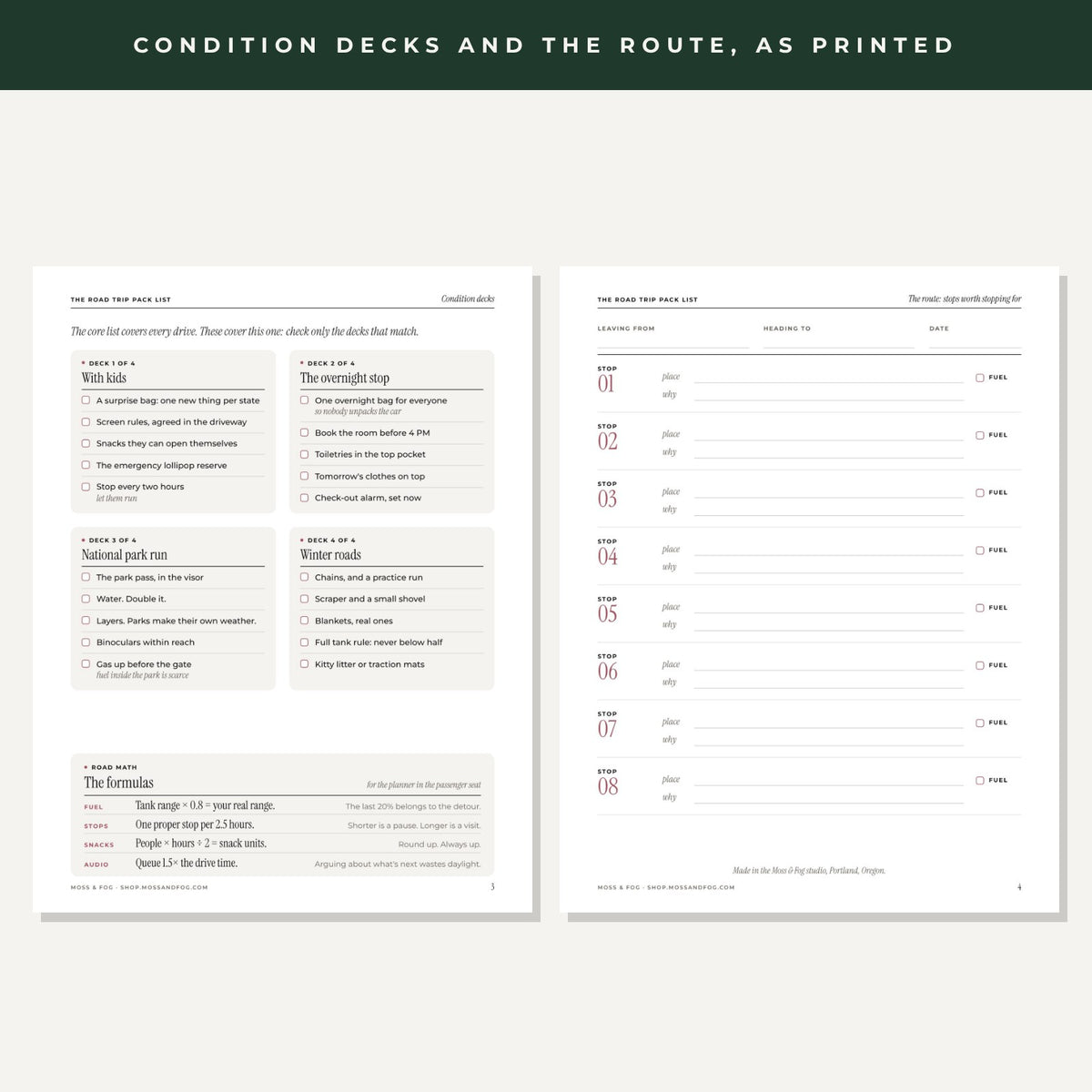 Two printed pages side by side, four condition deck checklists with road math on the left and an eight stop route log with fuel checkboxes on the right