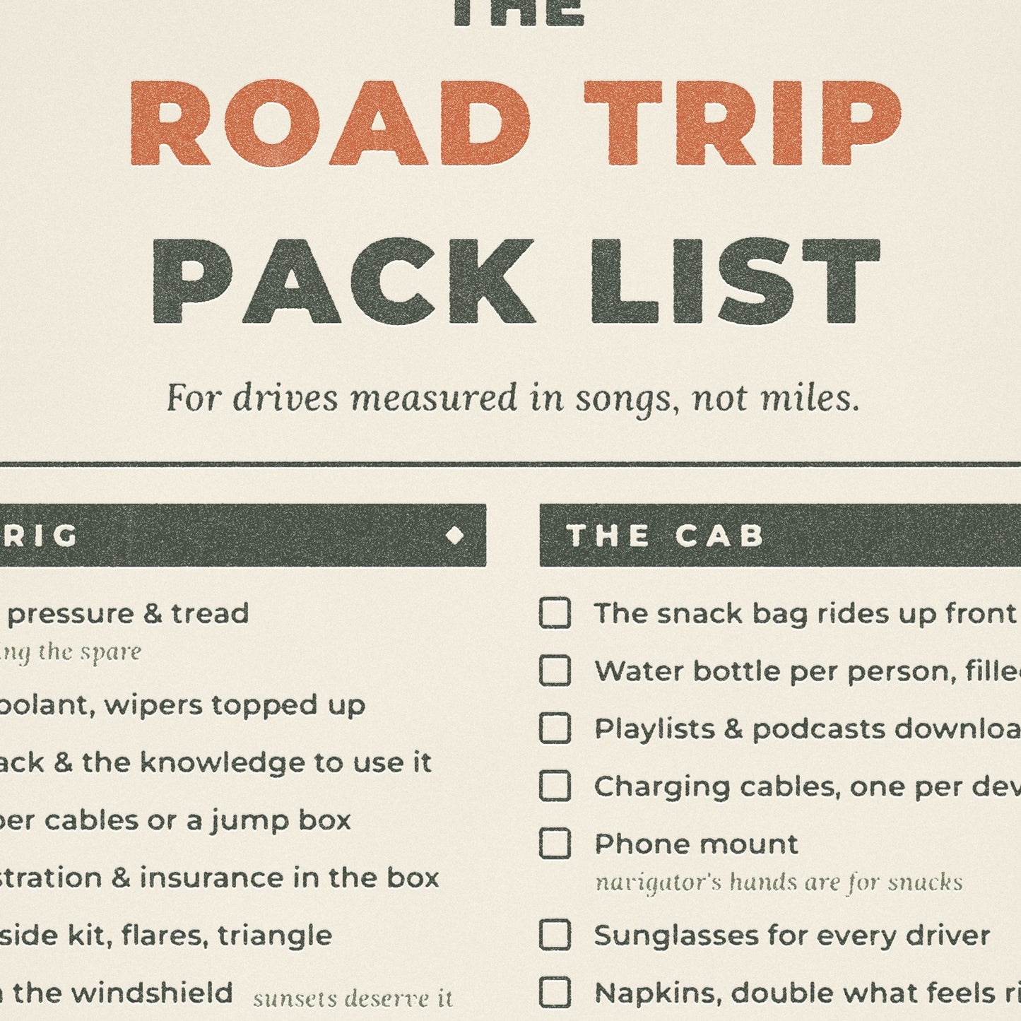Close-up of worn press type and paper texture on the Moss and Fog road trip pack list