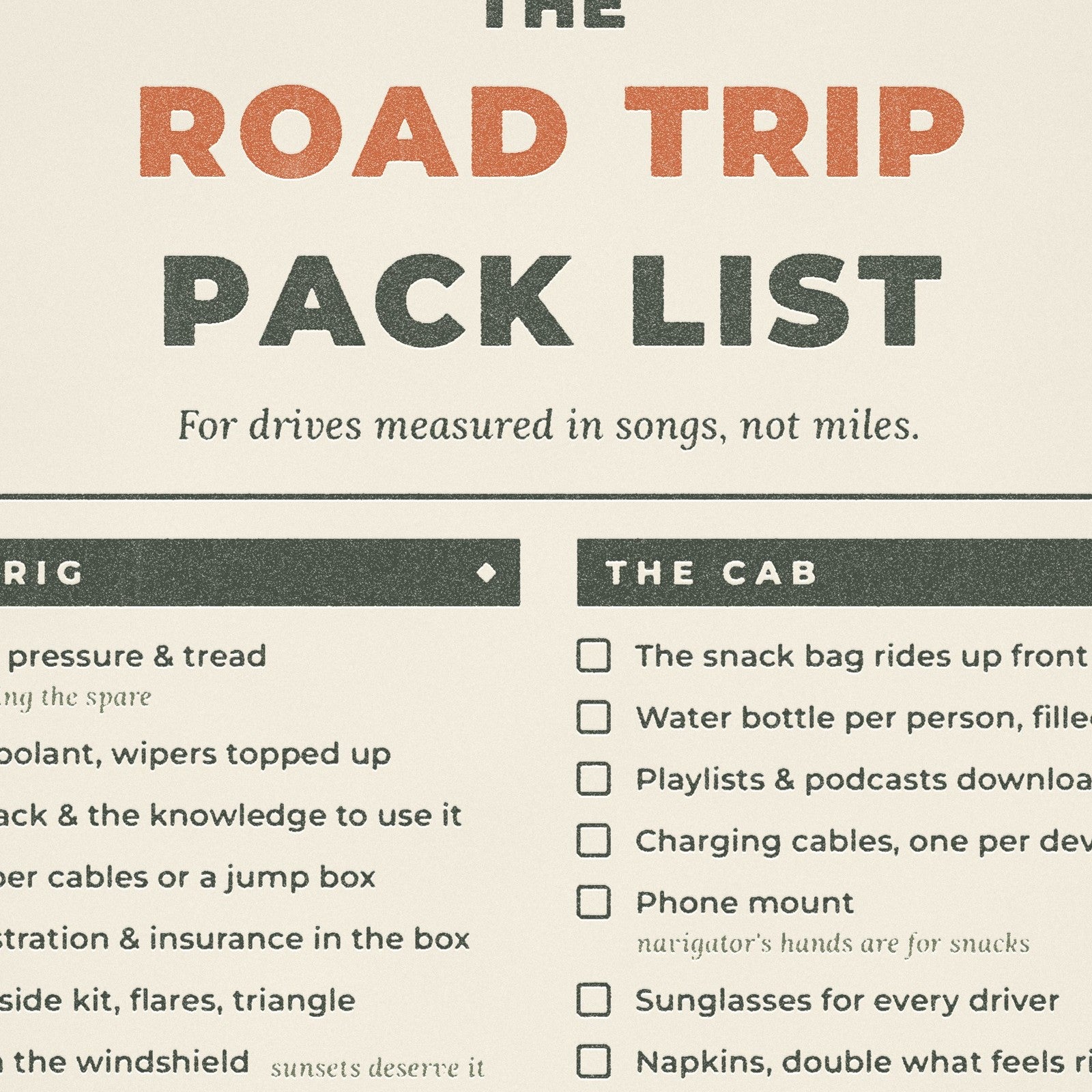 Close-up of worn press type and paper texture on the Moss and Fog road trip pack list