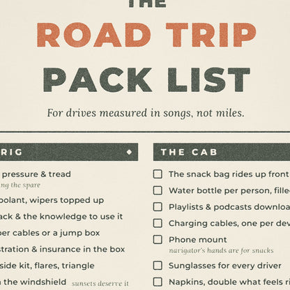 Close-up of worn press type and paper texture on the Moss and Fog road trip pack list