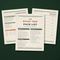The Road Trip Pack List by Moss and Fog, letterpress style printable checklist pages on deep green