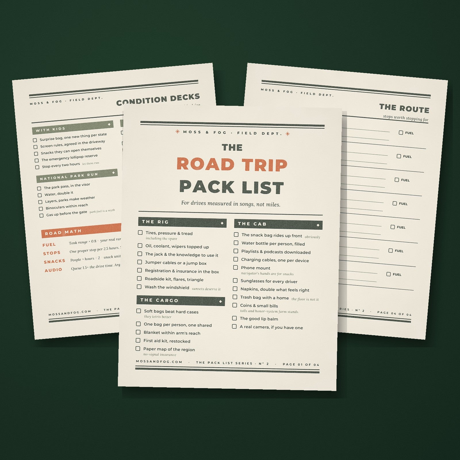 The Road Trip Pack List by Moss and Fog, letterpress style printable checklist pages on deep green