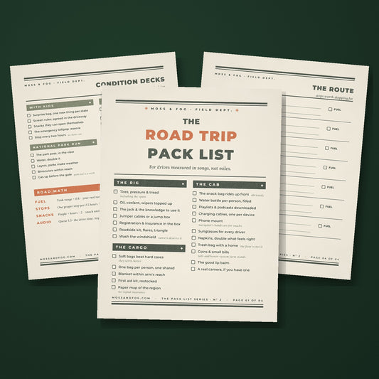 The Road Trip Pack List by Moss and Fog, letterpress style printable checklist pages on deep green