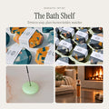 The Bath Shelf gift from Moss & Fog: gem-cut terrazzo soaps, a mint glass bubble incense holder and a jar of safety matches