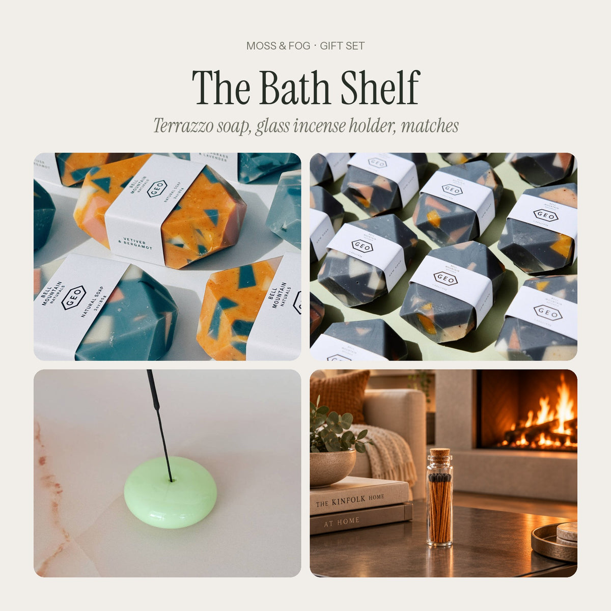 The Bath Shelf gift from Moss & Fog: gem-cut terrazzo soaps, a mint glass bubble incense holder and a jar of safety matches