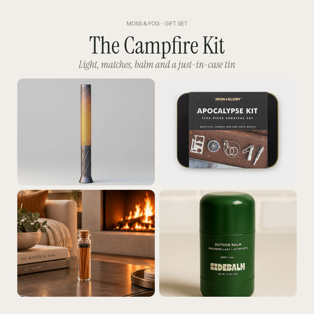 The Campfire Kit gift from Moss & Fog: a rechargeable flameless candle light, an Apocalypse Kit survival tin, a jar of safety matches and Outside Balm