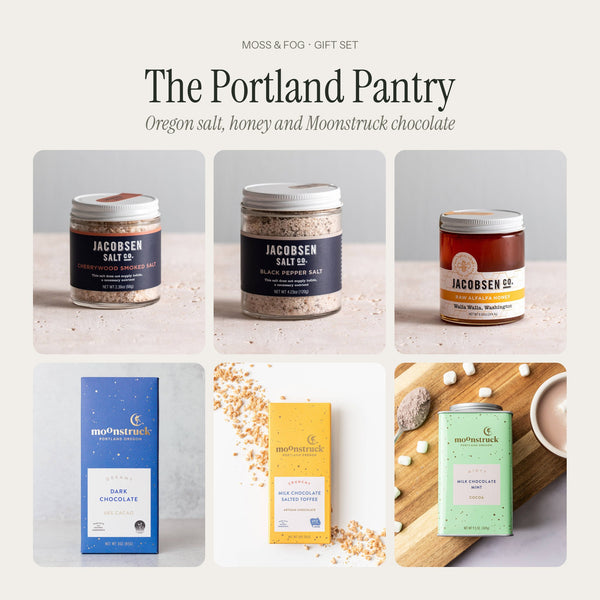 The Portland Pantry gift from Moss & Fog: Jacobsen cherrywood smoked salt, black pepper salt and honey, with Moonstruck dark chocolate, salted toffee bar and hot cocoa