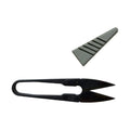 U-shaped minimalist scissors in matte black spring steel beside their gray protective sheath