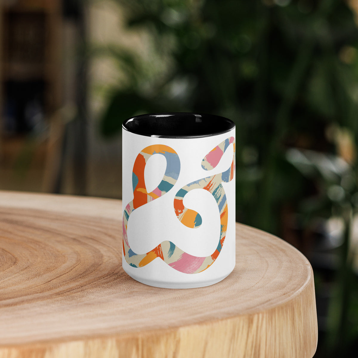 15 ounce Painted Ampersand mug with a black inside, front view