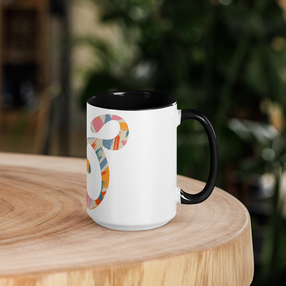 15 ounce Painted Ampersand mug in black, handle on the right