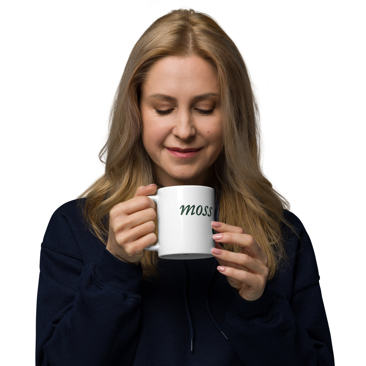 Moss and Fog Wordmark Mug, 11 ounce, handle on the left