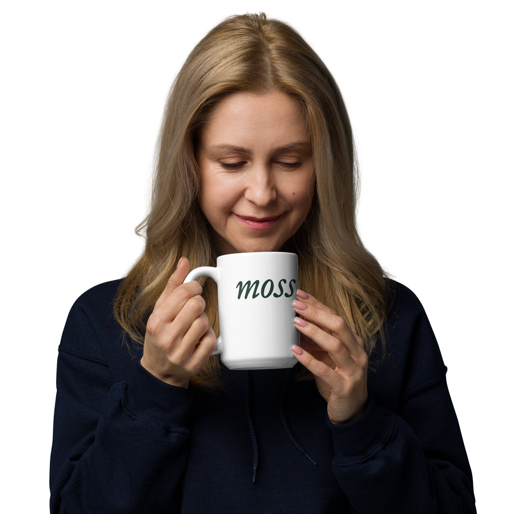 Moss and Fog Wordmark Mug, 15 ounce, handle on the left
