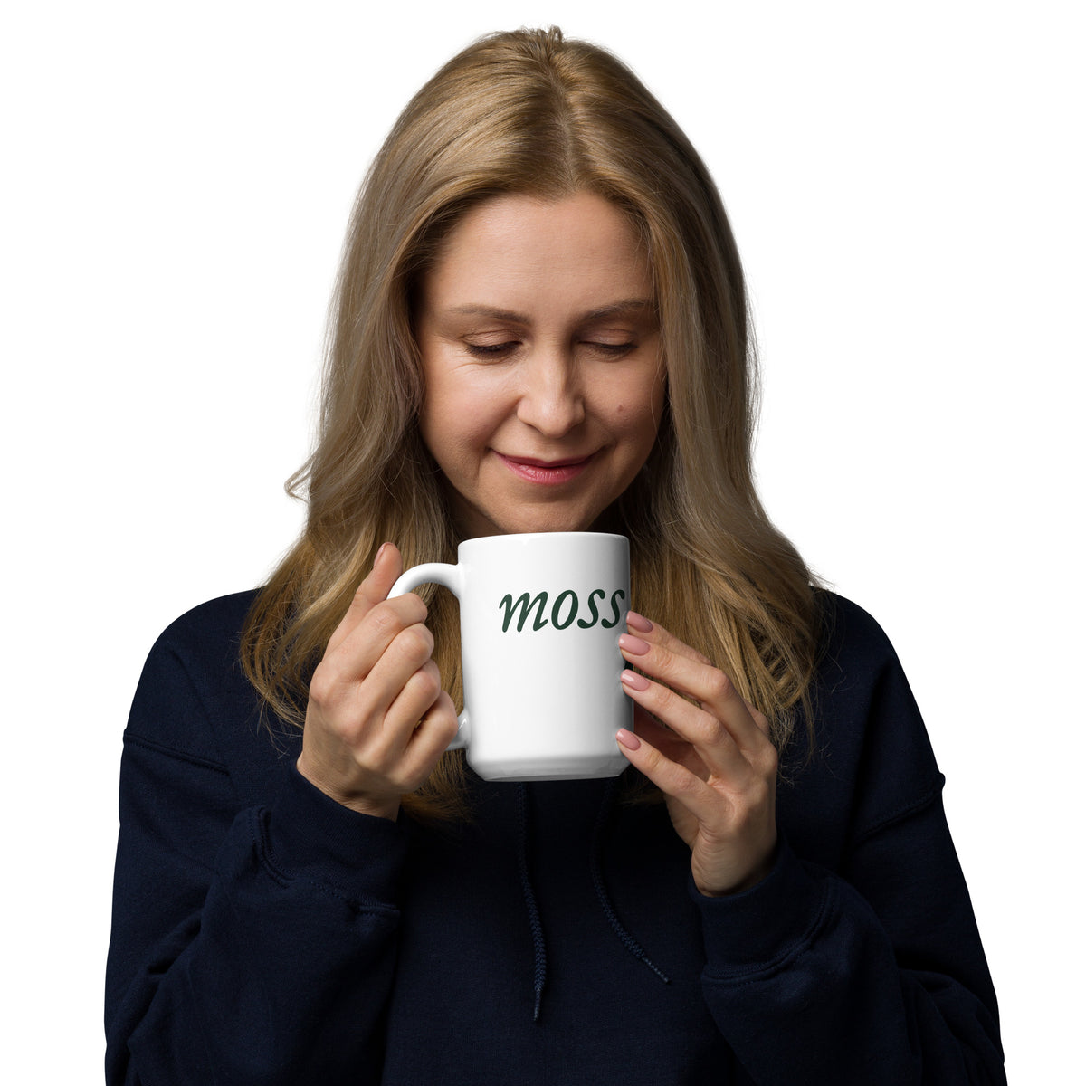 Moss and Fog Wordmark Mug, 15 ounce, handle on the left
