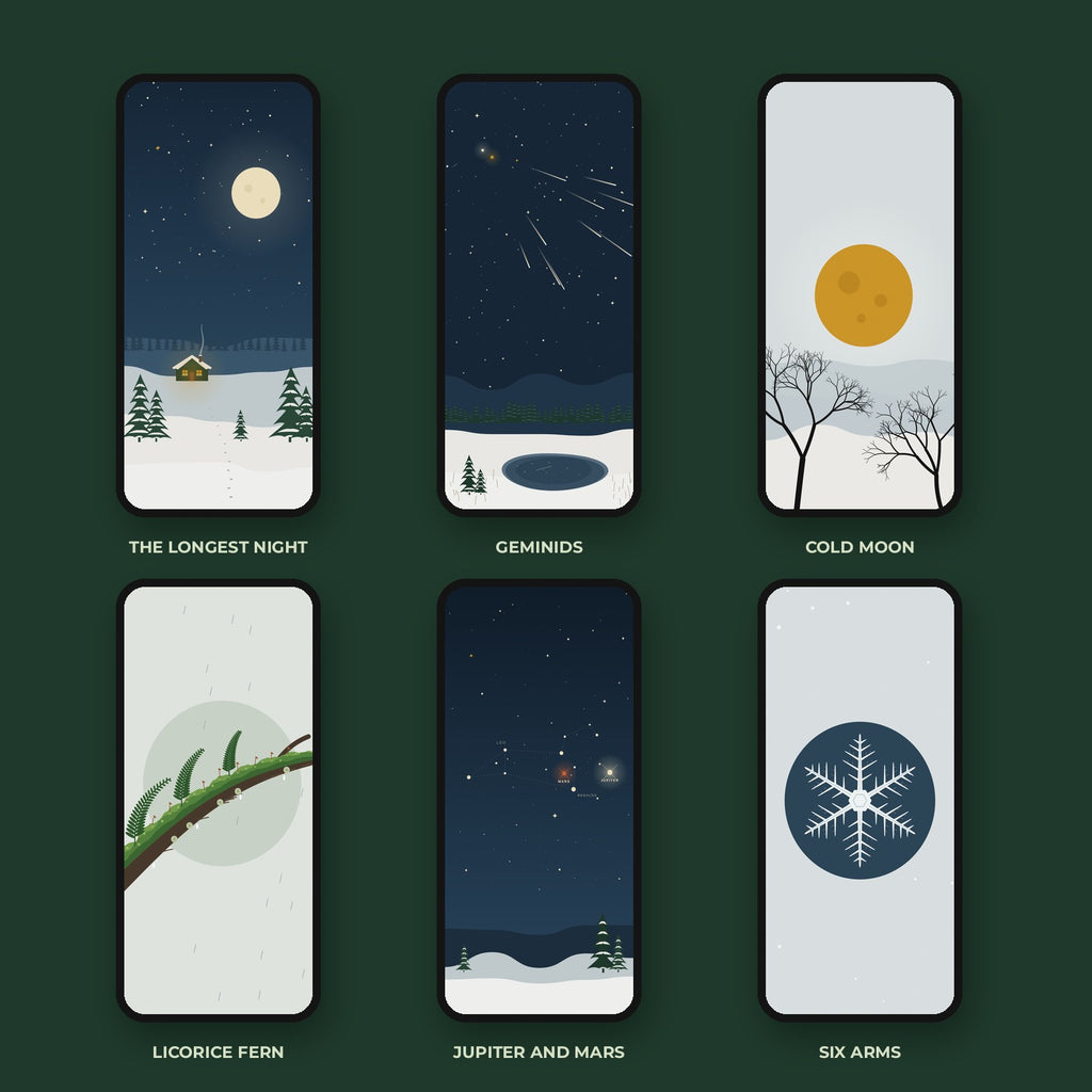 All six winter phone wallpapers on deep green: The Longest Night, Geminids, Cold Moon, Licorice Fern, Jupiter and Mars, Six Arms